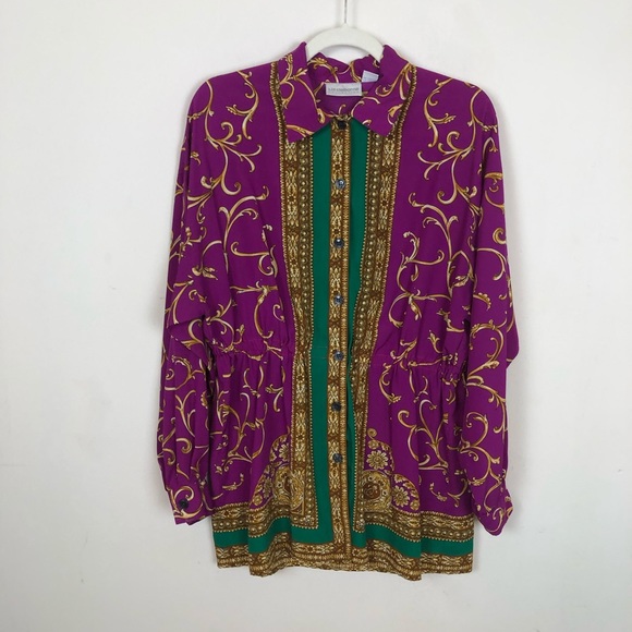 VINTAGE Liz Claiborne Purple Pink Filigree Vegas Button Down Top size Medium - Picture 2 of 10